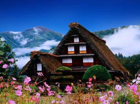 Mountain chalet - clouds, house, hills, landscape, rest, mountain, flowers, mist, chalet, sky, rocks