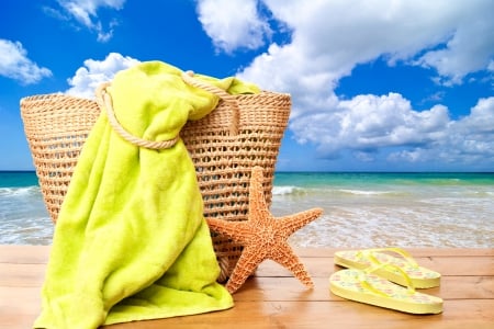 â™¥Summer Vacationâ™¥ - vacation, starfish, accessories, sky, beach, summer, sea, sand