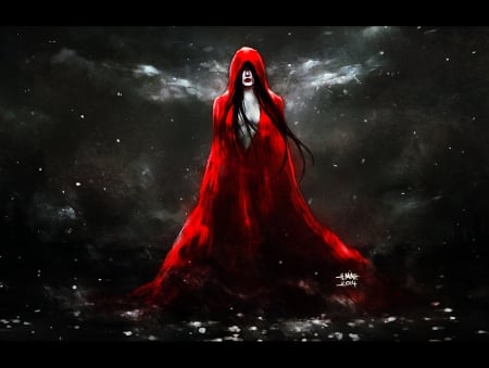 Misty Eyes - woman, dark, red, long hair, horror, hood, black, mist