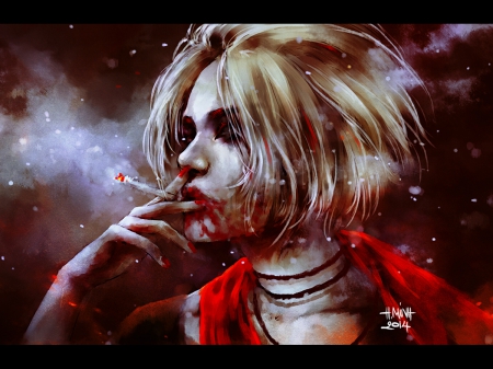 Across the Night Sky - woman, cigarette, dark, red, blond, blood, short hair, mist