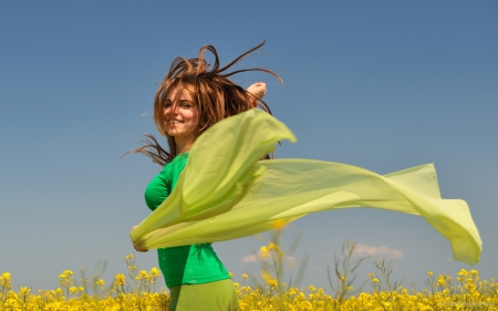 enjoy mood - girl, field, sunflower, sky