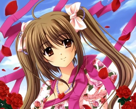 Pink Ribbon - beauty, nice, female, twintail, anime girl, rose, brown hair, pretty, petals, anime, ribbon, twin tail, maiden, lady, girl, twintails, long hair, lovely, twin tails, floral, beautiful, blossom, sweet, flower