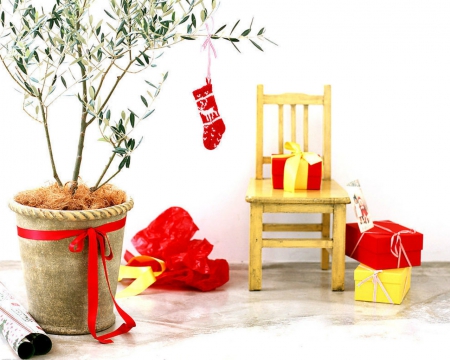 Home style - chair, gifts, box, plants