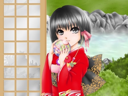 Kimono Chan - cute, beautiful, anime girl, adorable, girl, oriental, ball, japan, pretty, short hair, beauty, sweet, anime, yukata, hd, nice, lovely, black hair, kimono, female, japanese