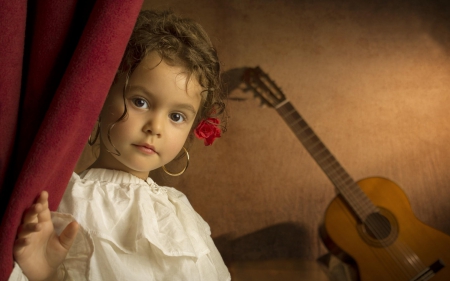 Spanish beauty - red, flower, child, spanish beauty, cute, guitar, instrument, happy, girl, kid, white, music