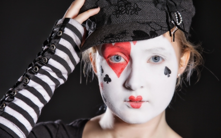 Painted face - woman, hat, girl, clown, black, model, painted face, white, stripe, red