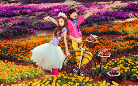 Asian couple - flowers, woman, man, colorful