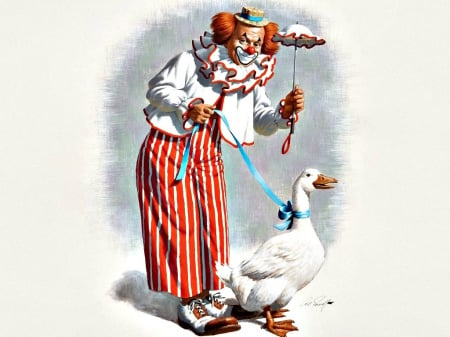 Clown with a goose by Arthur Saron Sarnoff - arthur saron sarnoff, funny, clown, bird, white, art, umbrella, man, red, goose