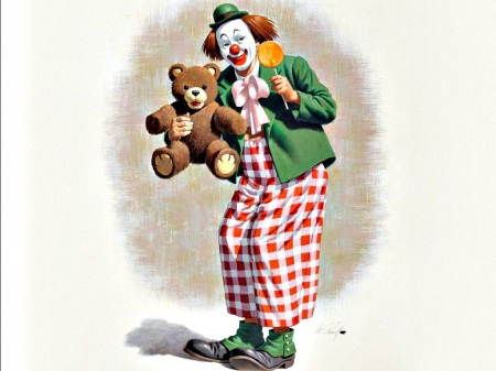 Clown with a bear by Arthur Saron Sarnoff - hat, toy, bear, Arthur Saron Sarnoff, clown, white, lollipop, funny, red, green, art, candy