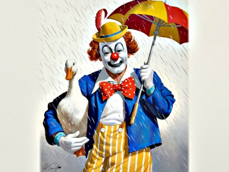 Clown with umbrella by Arthur Saron Sarnoff - hat, bird, yellow, blue, goose, Arthur Saron Sarnoff, clown, white, umbrella, funny, bow, art