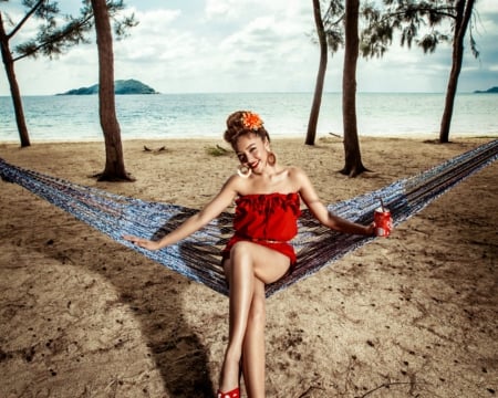 Pretty girl at the beach - model, sands, beach, swing, trees, woman