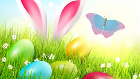 Bunny Ears & Eggs - flowers, spring, colored eggs, eggs, grass, easter, rabbit, morning, ears, bright, butterfly, light, bunny, sunshine