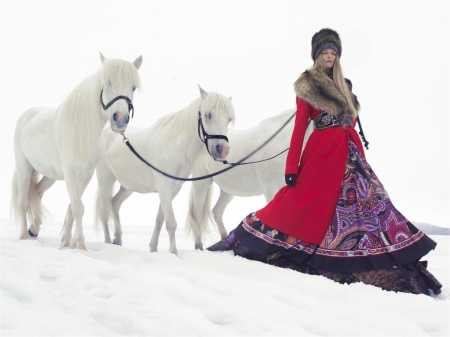 Winter Beauty - horses, hat, snow, cowgirl, winter, dress