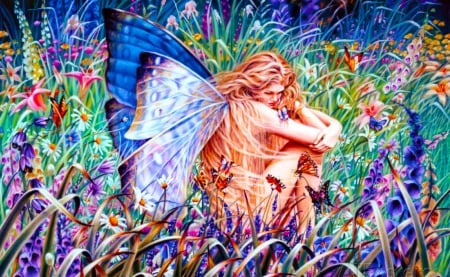 Field of Dreams - woman, angel, colorful, image, wings, illustration, fantasy, art, g, fairie, girl, wallpaper, butterfly, beautiful, digital, fairy, flowers