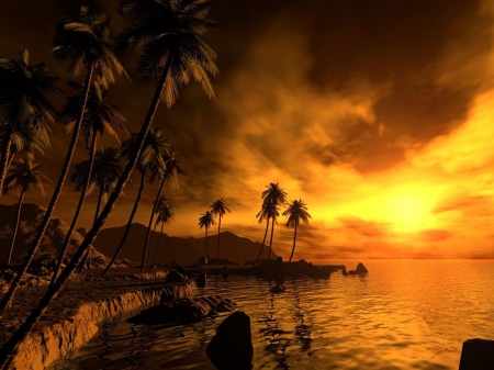 Fantastic Sunset - sky, artwork, clouds, water, palms, sea