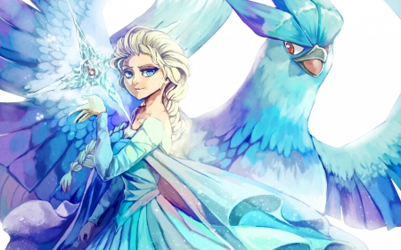 Ice Queen - pretty, Articuno, anime, magic, female, pokemon, dress, long hair, animal, nice, blue eyes, anime girl, queen, beautiful, blonde hair, beauty, cool, sweet, birs, red eyes, ice, fantasy, smile, frozen, glowing, pony tail, awesome, lights, cute, elsa