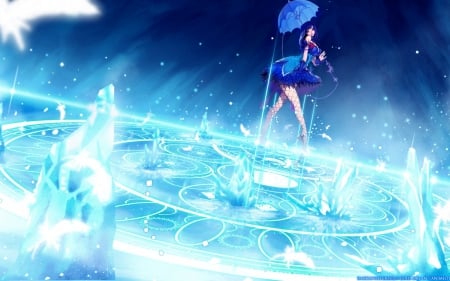 My paradise - pretty, anime, magic, female, dress, light, long hair, dark, umbrella, blue hair, magic circle, blade and soul, nice, blue eyes, anime girl, game, red rose, beautiful, beauty, cool, sweet, flower, ice, fantasy, smile, awesome, lights, cute, sexy