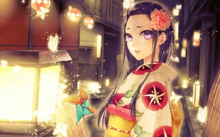 Lights! - nice, beauty, tears, female, magic, anime girl, fantasy, brown hair, glowing, pretty, cool, lantern, anime, house, kimono, purple eyes, cute, maghic, long hair, night, beautiful, sweet, awesome, dress, lights, flower