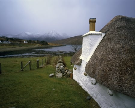 Cottage - mountains, pretty, rocks, beautiful, cottage, misty, grass, scenery, fence, river, house, mist