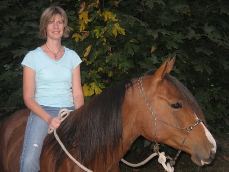 GIRL ON HORSE BACK - reins, horse, trees, cowgirl