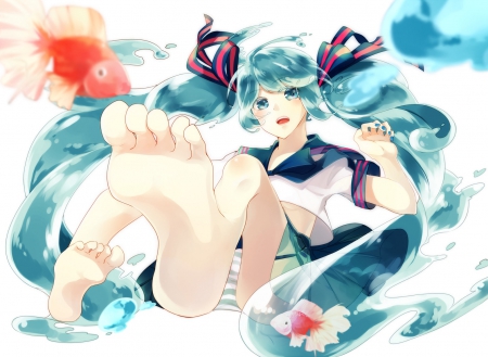 Bottle Miku - vocaloid, anime, bottle miku, underwater, barefoot, hatsune miku, fish, ribbons