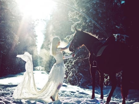 Winter Wonderland - women, white lace dress, trees, wind, winter, snow, horse, sun