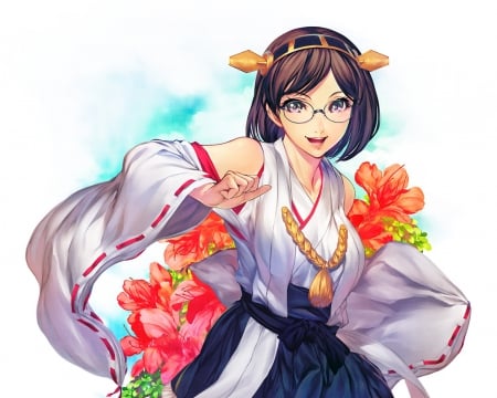 Kirishima - pretty, anime, female, blossom, kantai collection, short hair, kantai, hd, nice, anime girl, beautiful, girl, beauty, lovely, brown hair, sweet, flower, floral