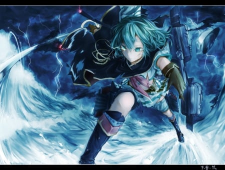 Kiso - sword, water, anime, sinister, mad, anime girl, kantai collection, girl, kantai, angry, female, scene, sea, emotional