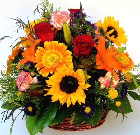 Light & Color - red, pink, beauty, design, bouquet, yellow, fresh, sunflowers, arrangement