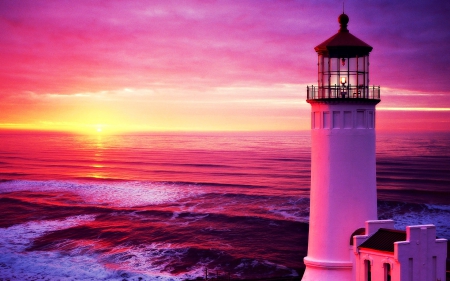 Splendor lighthouse in sunset - ocean, lighthouse, sky, sun, colorful, water, top view, sunset, nature, evening, clouds, colors, house, sea, sunrise