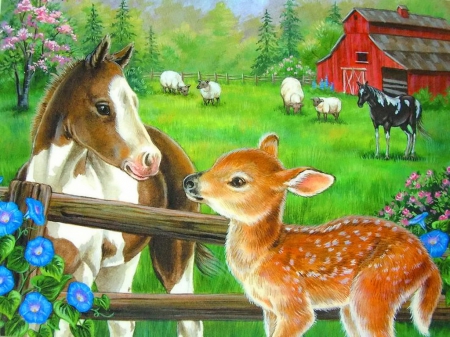 Cute friends - pretty, blossoms, grass, spring, joy, sheap, friends, farm, art, greenery, trees, roe, sweet, fence, horse, colorful, painting, cute, adorable, animals