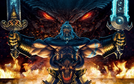 Barbarian - sword, diablo iii, demon, barbarian, game, blue, fire, red eyes, creature, fantasy, dragon, man, horns