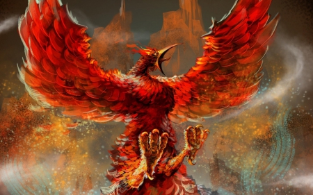 The Phoenix - wings, feather, red, fire, phoenix, fantasy, bird