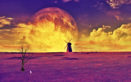 Fantasy with moon and windmill - moon, purple, cloud, yellow, pink, windmill, fantasy