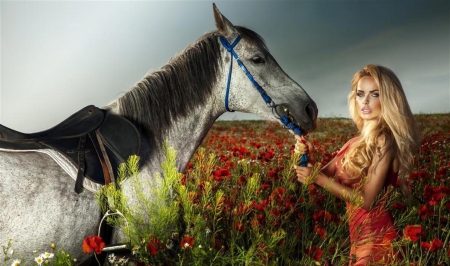 â™¥ - woman, beauty, lady, blond, field, model, nature, horse, poppies, blonde