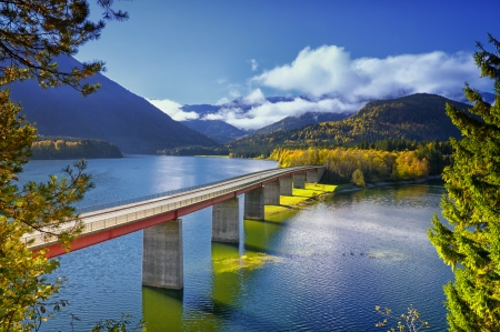 Lake Sylvenstein-Germany - clouds, trees, Germany, summer, beautiful, landscape, travel, lovely, reflection, shore, view, lake, sky, bridge