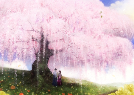 Spring Couple - japan, cherry blossom, sakura, orginal, romance, couple, love, japanese