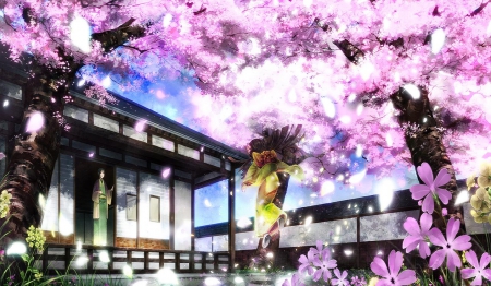 I'm Home - girl, japanese, orginal, cherry blossom, sakura, japan, kimon, house, garden