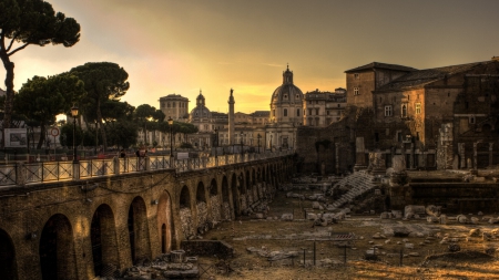 ancient excavated ruins in rome - sunset, ancient, city, excavation, ruins