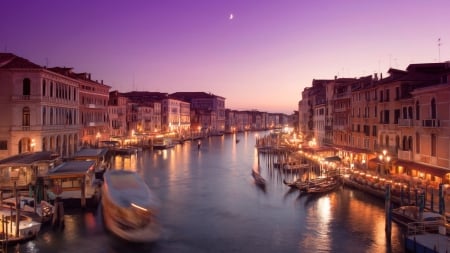 evening on the grand canal in venice - lights, evening, city, moon, canal, boats