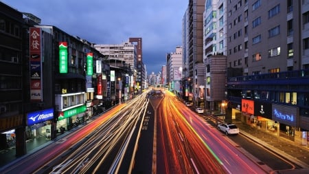 lights in long exposure on a city street in japan - long exposure, street, lights, evening, city