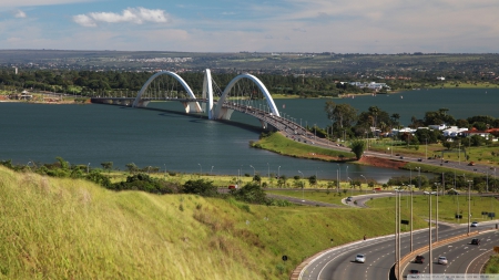 juscelino kubitschek bridge over lake in brazil - highway, lake, modern, bridge