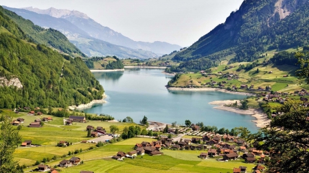 lovely village around an alpine lake - mountains, village, lake, grass