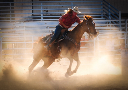 Ride 'Em Cowgirl - barrel, fence, horse, hat, cowgirl, barrel racing, dirt