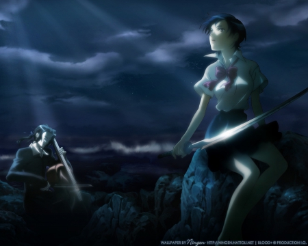 Music In Moonlight - skirt, sky, hagi, night, instrument, black hair, blood plus, clouds, anime, sword, otonashi saya