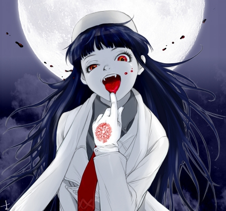 Hellsing - pretty, anime, female, blue, night, long hair, crazy, red, moon, beautiful, girl, beauty, lovely, red eyes, vampire, black, white, lady, woman, gloves