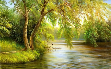 Green Landscape - painting, green, trees, river