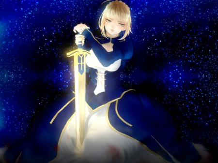 Saber - saber, anime, magic, female, blue, dress, light, long hair, emotional, dark, sad, weapon, sorrow, anime girl, serious, girl, sword, blade, glow, fate stay night, excalibur