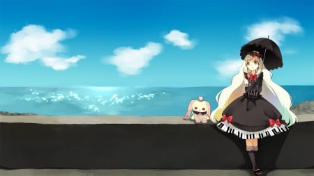 A Lovely Day At The Beach - ocean, beach, sky, long hair, toy, summer, bunny, doll, clouds, vocaloid, umbrella, anime, mayu, dress