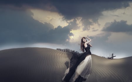 The beauty of the sunset - look, beauty, evening, dunes, desert, girl, asian